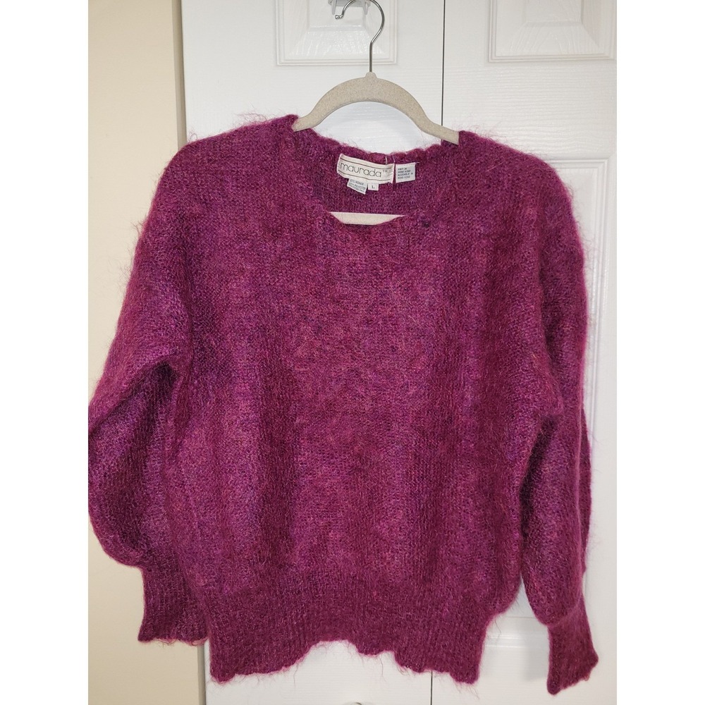 Maurada Vintage MohairBlend Plush Fushia Puff Sleeve Sweater Sz L‎ Skiing